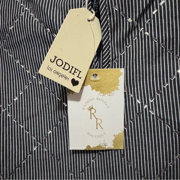 JODIFL Black / White Stripe Ruffled Sleeveless Blouse with sparkle design - Picture 6 of 16